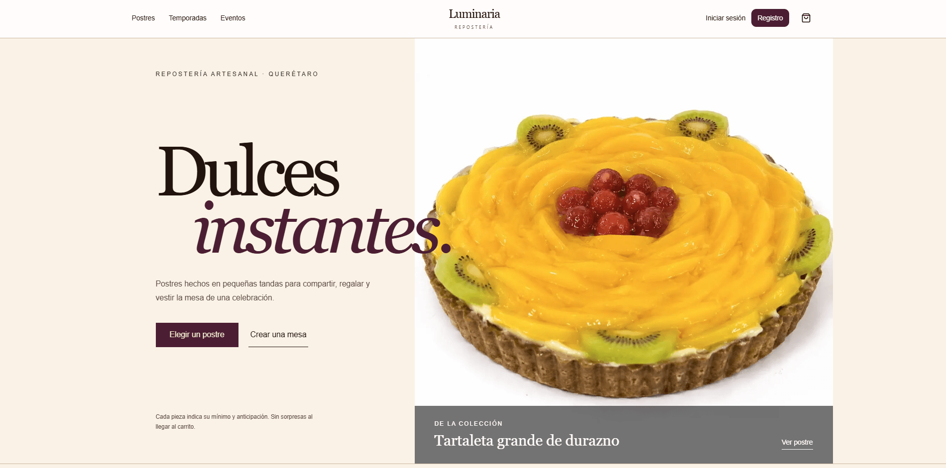 Interfaz de Luminaria mostrando su experiencia de repostería y navegación de productos.